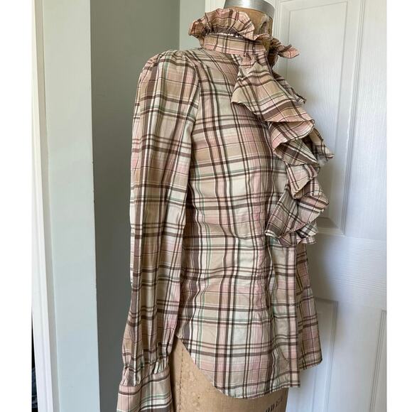 Lauren ralph lauren plaid ruffle front button down shirt peach cream S Petite - Picture 2 of 11